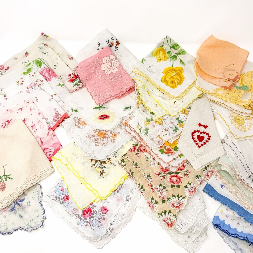 Vintage Ladies Handkerchief Lot Floral Embroidered Lace Hankies Linen Cotton 30